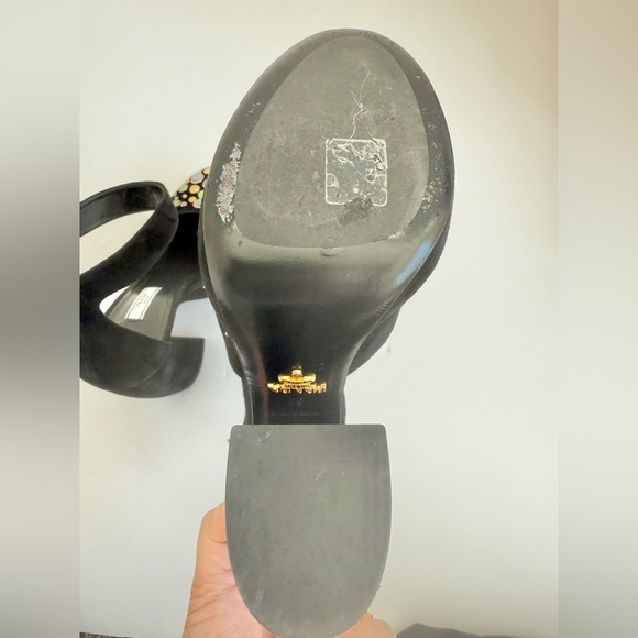 Prada Black Suede Leather Rhinestone embellished ankle strap chunky heel sandals - Picture 8 of 11